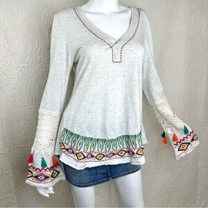 Judith March Gray Long Sleeve Top with Colorful Accents